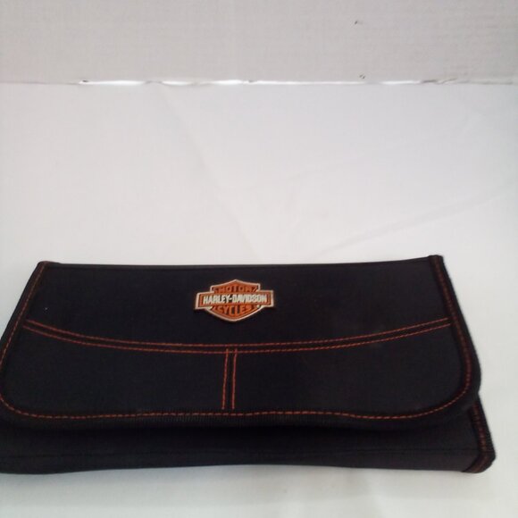 Harley Davidson Clutch Wallet Tri-Fold Zipper Pocket 10.5" x 5" Black Orange - Picture 2 of 13